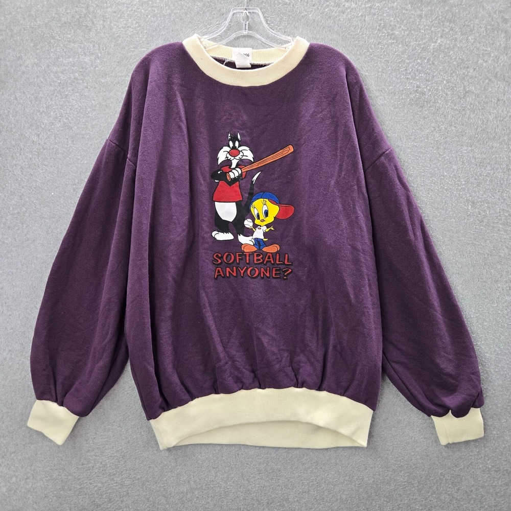 VINTAGE Looney Tunes Men Sweatshirt One Size Purple Softball Anyone? Tweety Bird